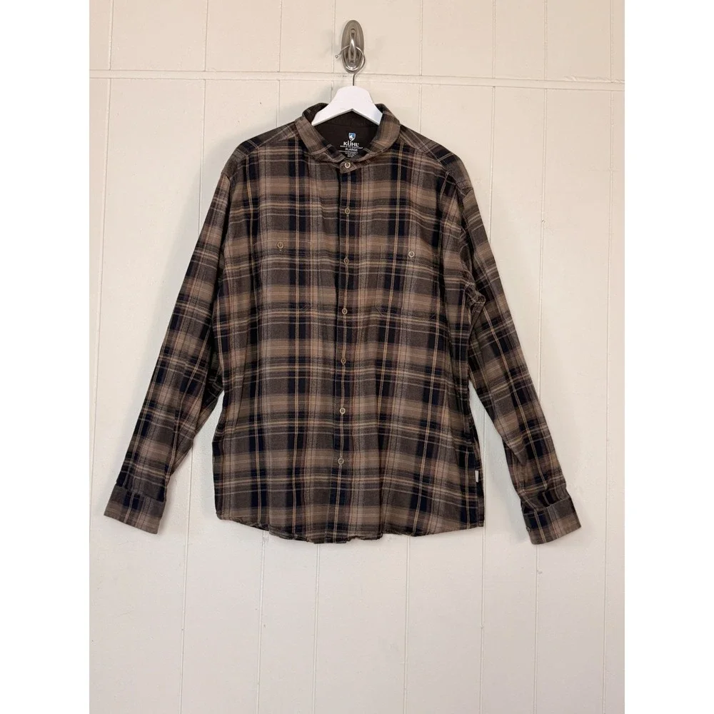 Kuhl Mens Plaid Button Down Shirt Brown Long Sleeve Size XL Hiking Outdoor